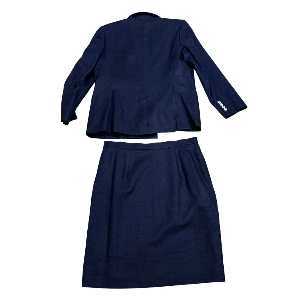 Lauren Ralph Lauren Skirt Suit Womens 12P Navy Blue Linen Double Breasted Blazer